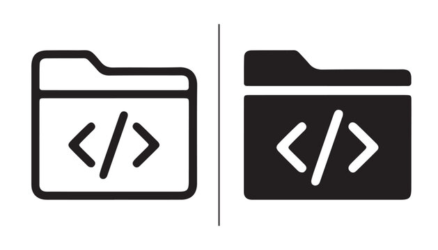 Coding Folder Icon: A minimalist graphic showcasing two folder icons, one in outline and the other in solid black, both featuring a code tag symbol, representing digital organization and programming.