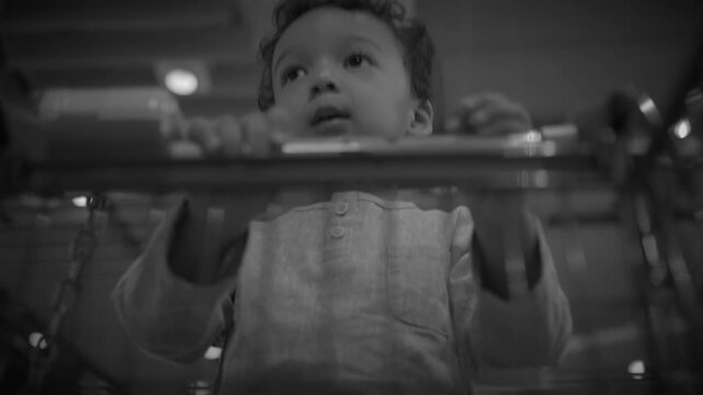 Low-angle black-and-white toddler standing behind a shopping cart handle in a store