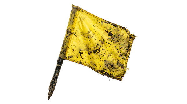 Dirty Yellow Warning Flag Attached to a Pole Isolated on a White Background