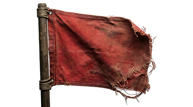 Worn and Tattered Red Flag on a Wooden Pole Isolated on White Background