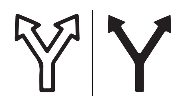 Fork in the Road Concept: Two distinct arrow symbols, one outlined and one solid black, illustrate the concept of a decision point, a divergence of paths, or a choice to be made.