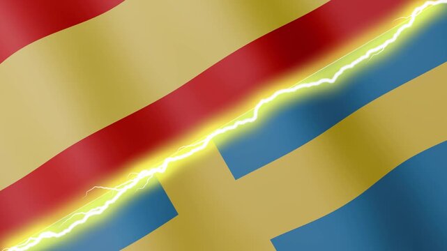 Two waving flags Spain and Sweden with diagonal lightning seamless, 4k loop
