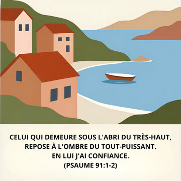 Inspirational Psalm 91 Bible Verse on Peaceful Coastal Landscape &ndash; Christian Faith, Hope and Trust in God
