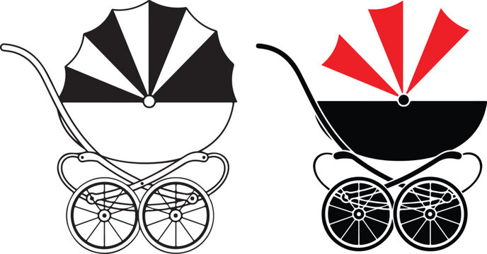 Retro vintage baby prams with sunshades on transparent background illustration