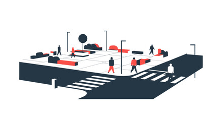 Modern City Square with Pedestrians, Streetlights, and Crosswalk © mat
