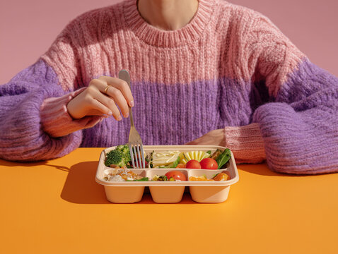 Woman Eating Healthy Food with Fresh Vegetables and Balanced Diet Concept