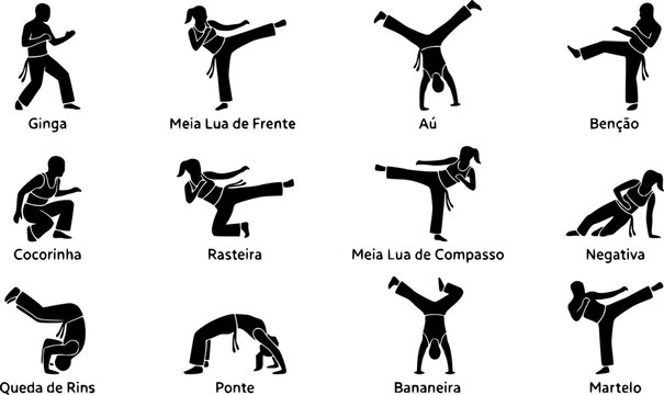 Capoeira silhouette icon set, flat black glyph style, pure white background