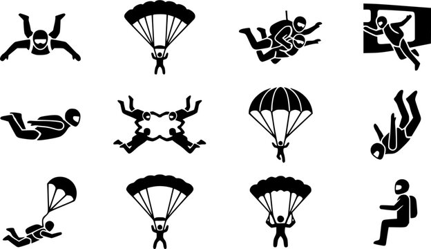 Skydiving silhouette icon set, flat black glyph style, pure white background