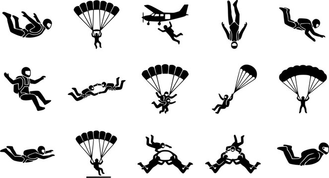Skydiving silhouette icon set, flat black glyph style, pure white background