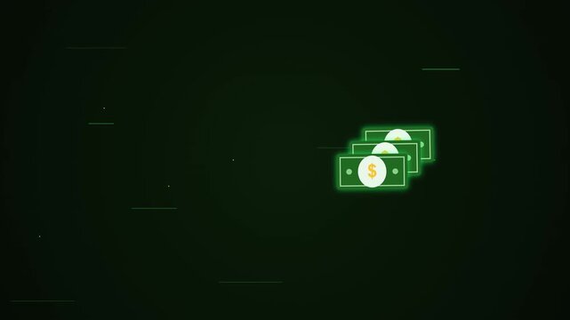 Glowing neon cash stack floating on a dark digital glitch background