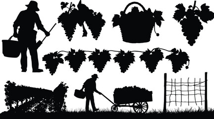 Obraz premium Black silhouette vector illustrations of vineyard grape harvesting, farming tools, baskets, and agricultural workers