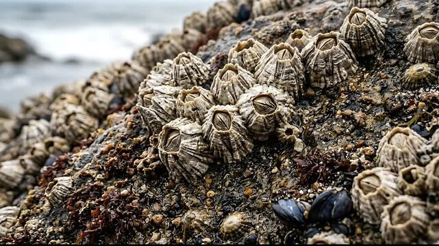 Close-up view of barnacles and small mollusks attached to rocky shoreline showing marine life on tidal rocks