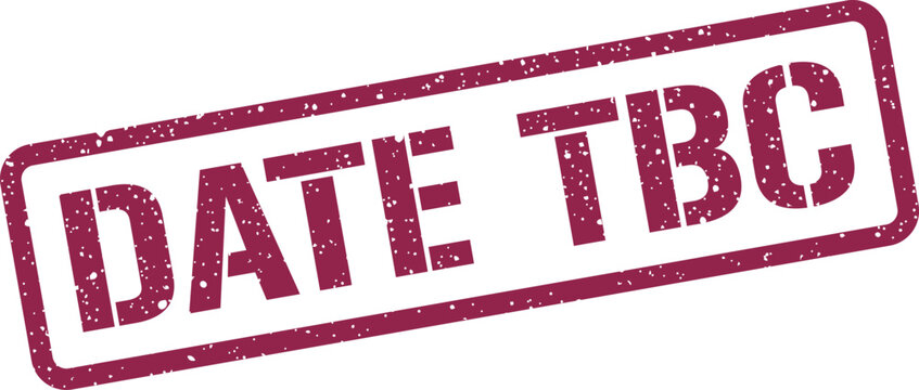 Rectangular rubber stamp design featuring date tbc lettering in a worn textured ink imprint style