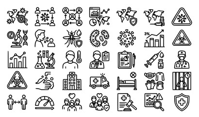 Fototapeta premium Public health linear icons set with geometric outline epidemiology warning and laboratory medicine research symbols
