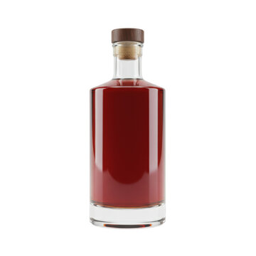 A premium, minimalist spirits bottle with deep reddish-amber aged liquor, natural cork, and dark walnut closure, against a transparent cyclorama background with copy space, concept for luxury beverage
