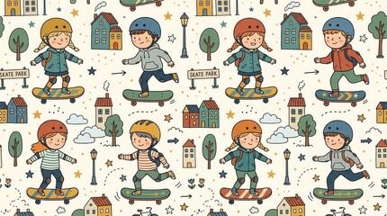 Fototapeta premium Young children skateboard through a vibrant cartoon neighborhood filled with houses and trees