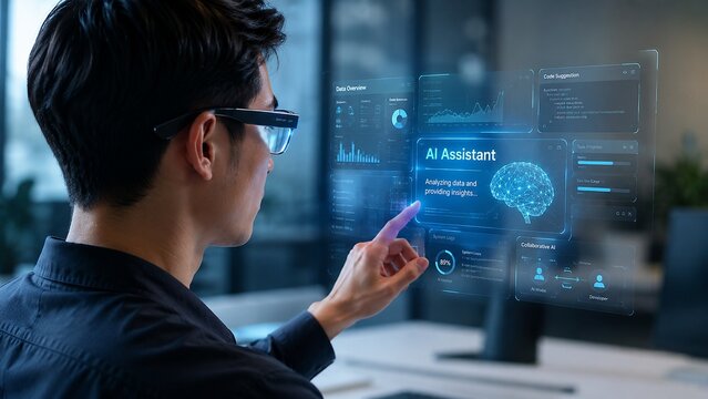 Programmer wearing smart glasses interacting with a holographic AI assistant interface