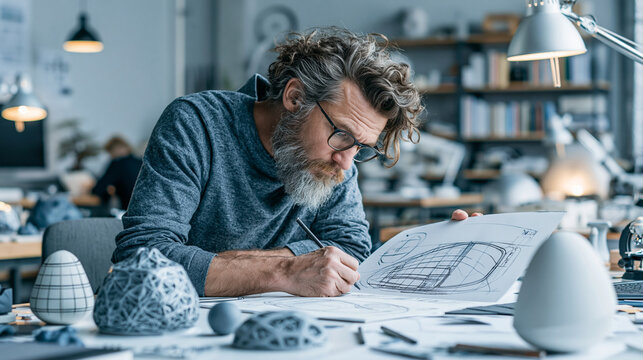 Designer reviewing sketches and product prototypes in an industrial design studio, combination of creativity and engineering, modern product development concept, photorealistic, pr