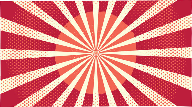 Retro comic pop art sunburst background vector illustration featuring red rays and halftone circle texture