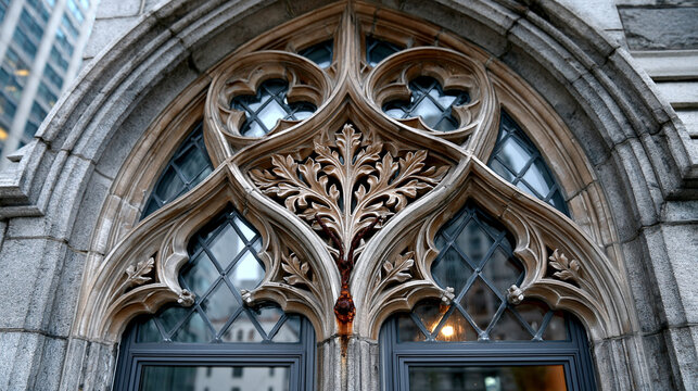 Gothic window stone tracery close detail, perpendicular mullion rising to intersect flowing curvilinear tracery bar in pointed arch head, mason tooling marks on limestone face, iro