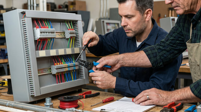 Adult apprentice electrical skills training with mentor in works