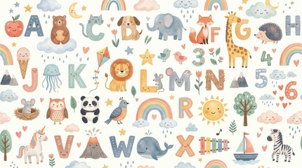 Obraz premium Cheerful watercolor of letters, numbers, and animals on white
