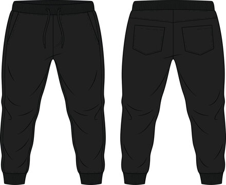 Blank black male sweatpants jogger mockup vector illustration, front and back view trousers template isolated on white background