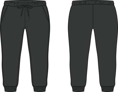 Blank black male sweatpants jogger mockup vector illustration, front and back view trousers template isolated on white background