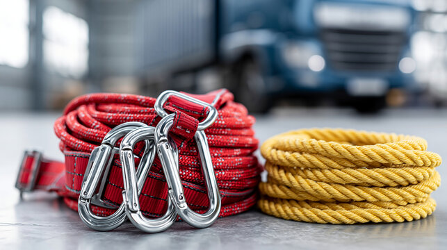Close-up of a bright red fall-arrest safety harness coiled neatly beside two large steel carabiners and a yellow rope on a clean industrial floor surface, working-at-height PPE saf