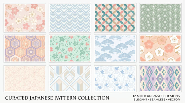 Curated Japanese Wagara Pattern Collection Featuring 12 Modern Pastel Vector Designs Including Sakura Seigaiha Karakusa and Pine Tree Motifs