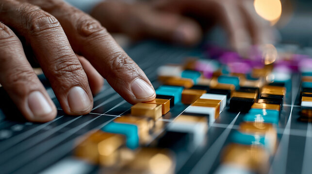 Close-up photo of unseen hands (faceless detail) placing generic unbranded colored blocks onto a physical timeline grid constructed from matte materials, statistical outlier cluste