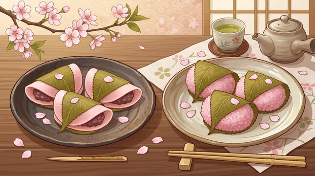 Traditional Japanese Spring Sakura Mochi Confectionery Set Featuring Kansai Style Domyoji and Kanto Style Chomeiji Sweet Bean Pink Rice Cakes with Green Tea