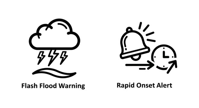 Flash flood warning and rapid onset alert emergency weather notification icons with emergency lightning notification disaster indicator protection monitoring information environment
