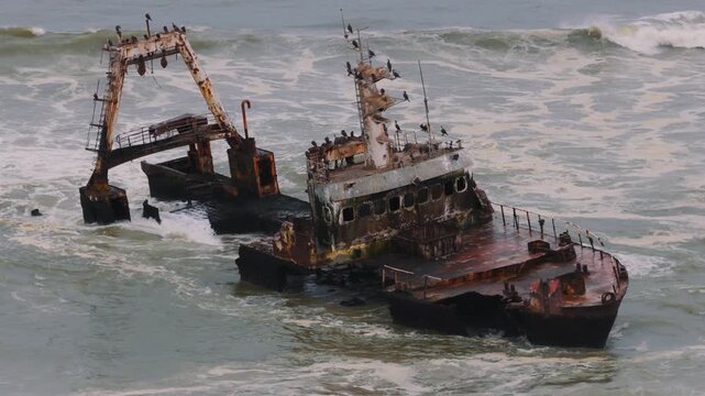 Abandoned shipwreck Zeila rusting on Skeleton Coast in Namibia
