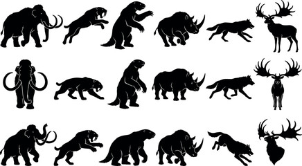 Obraz premium Prehistoric Ice Age Megafauna Silhouette Icon Set Featuring Woolly Mammoths Sabertooth Tigers Giant Sloths Rhinos and WolvesPrehistoric Ice Age Megafauna Silhouette Icon Set Featuring Woolly Mammoths 