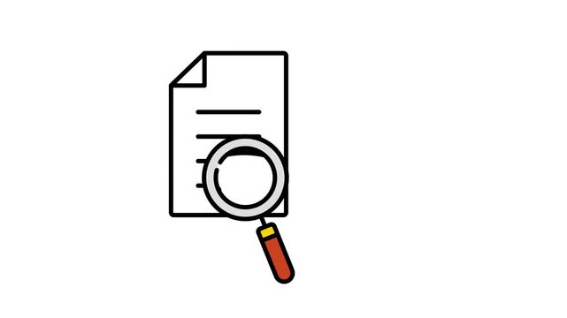 Document icon, magnifying glass, sheet of paper, animation of a document with lines of text. 4K video with chroma key, green screen for transparent background.
