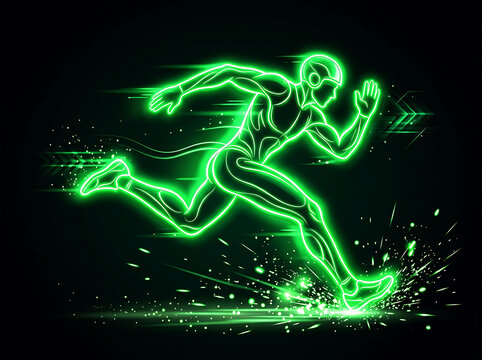 Neon green abstract runner in motion with light streaks speed