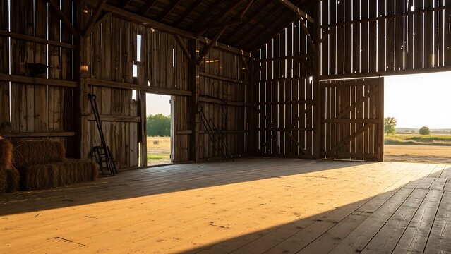 Interior of an old wooden barn with sunlight streaming in.