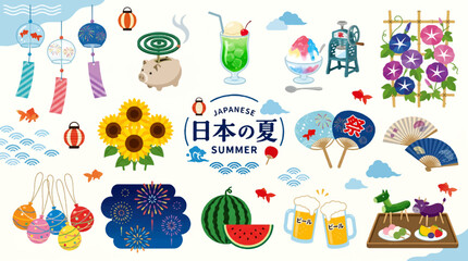 Fototapeta premium Japanese Summer Illustration Set Featuring Traditional Seasonal Culture Icons Including Wind Chimes Kakigori Shaved Ice Watermelon Fireworks and Festival Fans