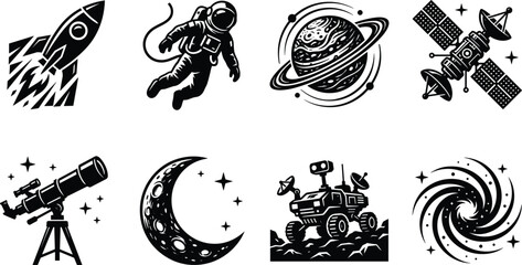Space exploration and astronomy icon set featuring rocket launch, astronaut, Saturn planet, satellite, telescope, moon, rover, and galaxy © Sreemoti