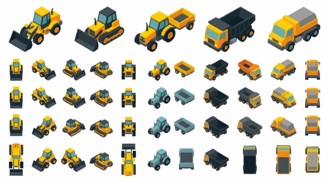 Collection of isometric construction vehicles and trucks.