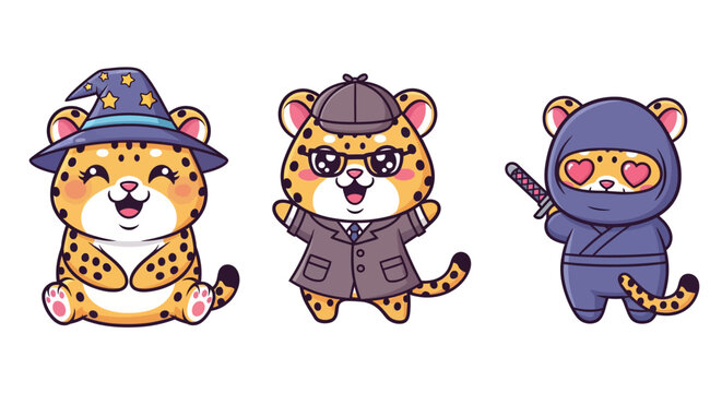 Cute cartoon leopards in fun costumes and outfits.