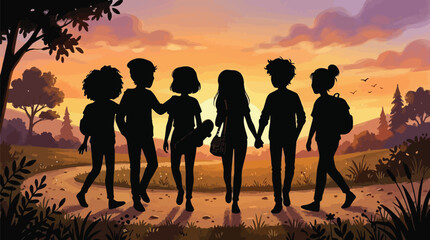 Fototapeta premium Silhouette of diverse group of friends walking together, sunset background, vector illustration, EPS