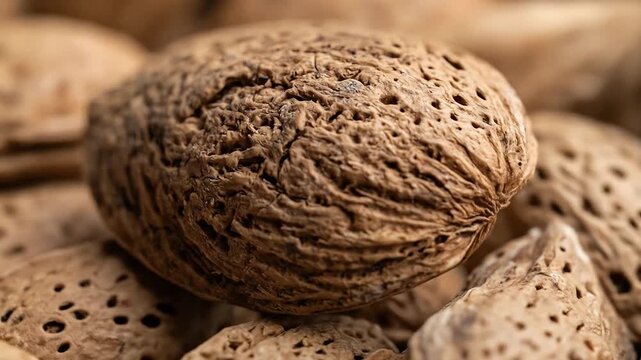 Close-up view of textured walnuts surrounded by nut shells in natural setting