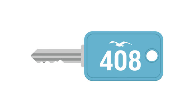 Hotel Room Key Card with Number 408 and Seagull Icon, Isolated on White Background