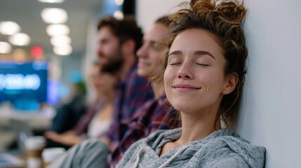 Obraz premium Raw authentic post-launch moment in a small startup office, exhausted founder sitting on the floor against a wall with eyes closed and a slight smile, two teammates sitting beside