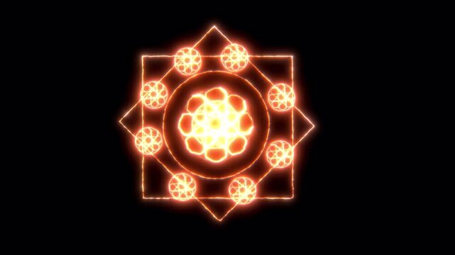 Abstract Glowing Neon Geometric Mandala Animation With Particle Effects.