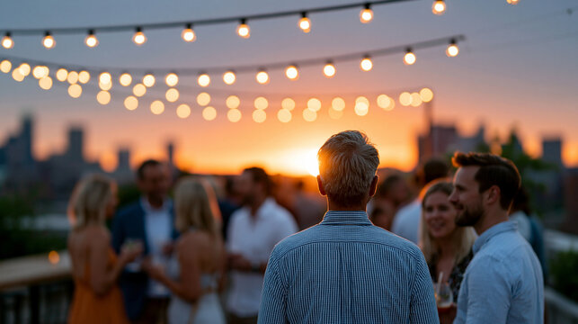 Organic community gathering on a city rooftop at sunset, a female founder standing at the edge of the group rather than at the front, twelve community members in clusters of two an