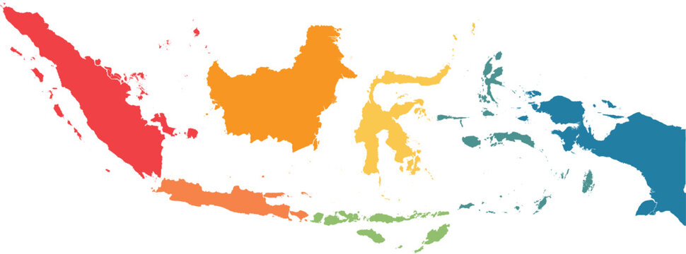 Colorful flat vector map of Indonesia divided by major island regions.