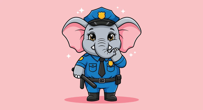 Cute Cartoon Elephant Police Officer Character Illustration.